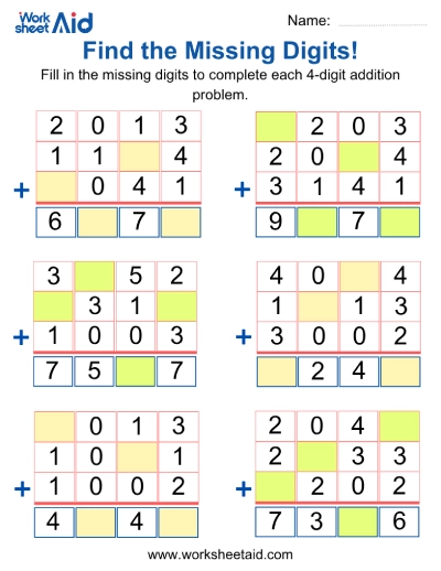 Missing 4-Digit Numbers Addition